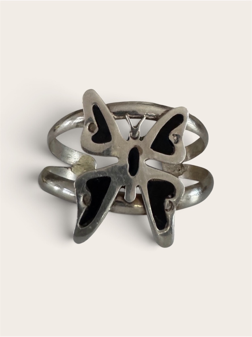 Vintage Alpaca Silver Butterfly Cuff Bracelet‎ Black Inlay